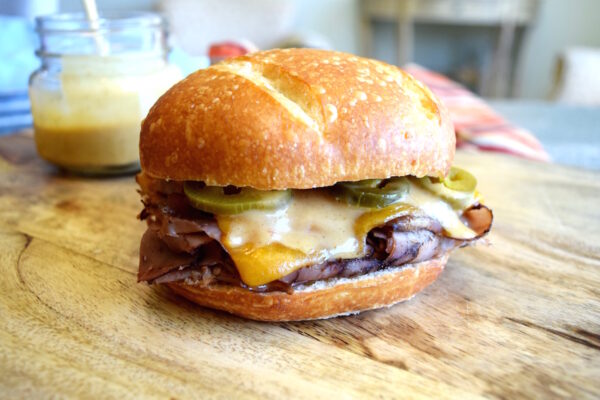 Manda Fine Meats hot roast beef and cheddar jalapeno sandwich